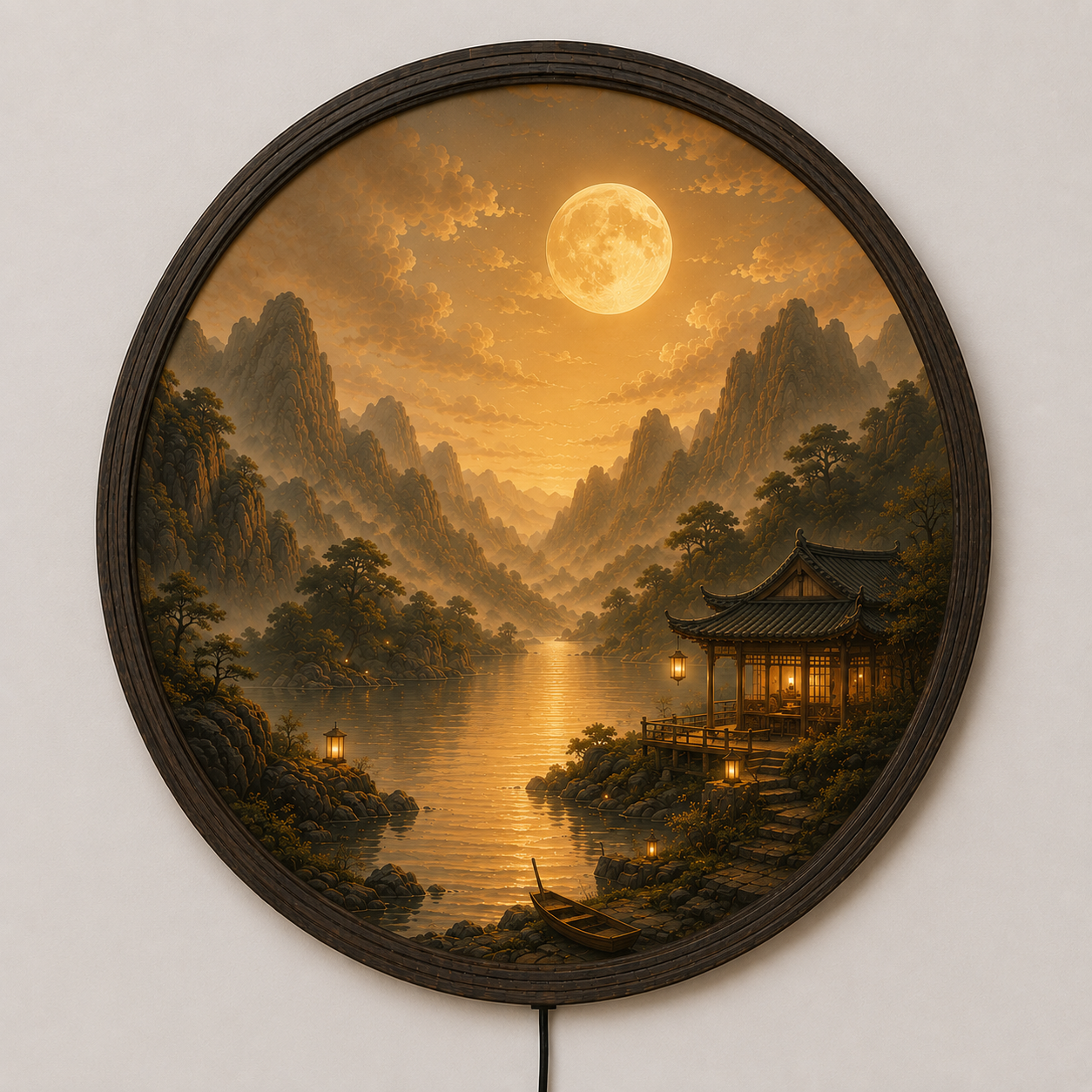 Moonlit Mountain Landscape LED Wall Art – Round Lighted Asian Zen Decor