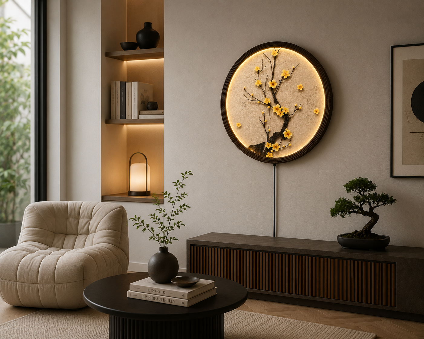 Japanese Plum Blossom LED Wall Art – Round Illuminated Floral Wall Decor – Modern Zen Home Decor – Lighted Circle Wall Hanging