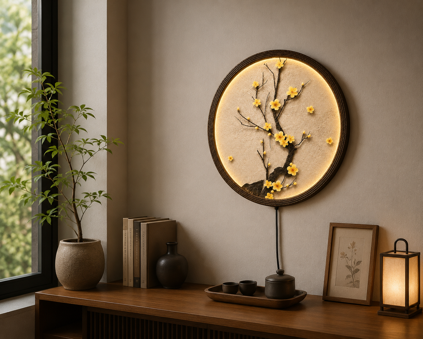 Japanese Plum Blossom LED Wall Art – Round Illuminated Floral Wall Decor – Modern Zen Home Decor – Lighted Circle Wall Hanging