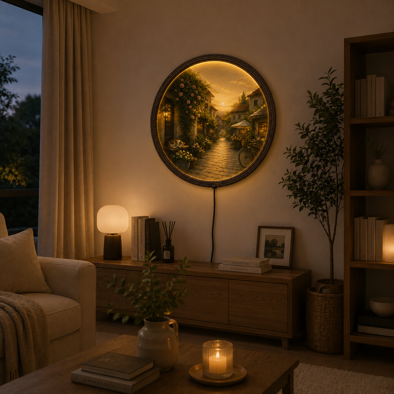 Round LED Wall Art – Cozy European Village Sunset Scene | Modern Home Decor