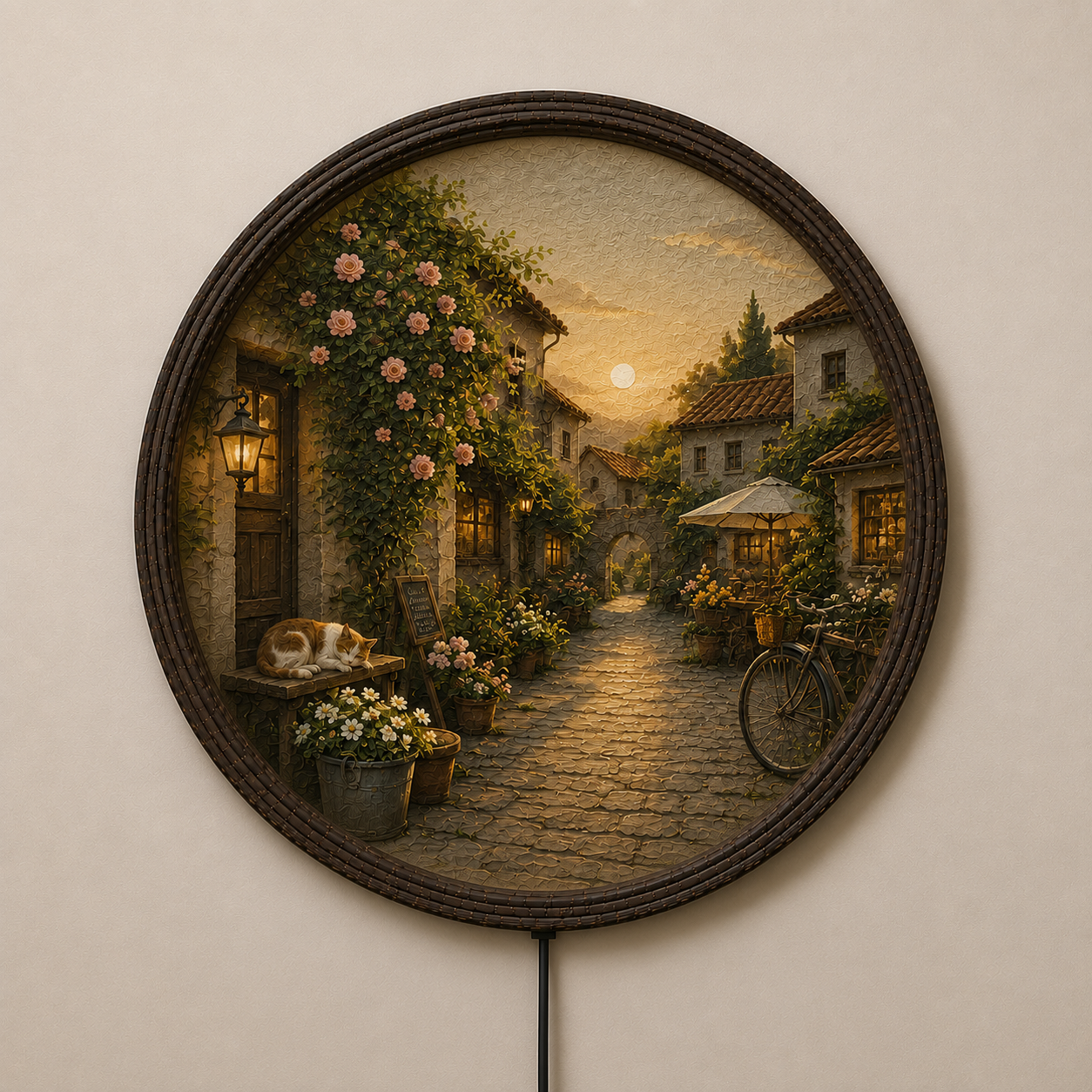 Round LED Wall Art – Cozy European Village Sunset Scene | Modern Home Decor