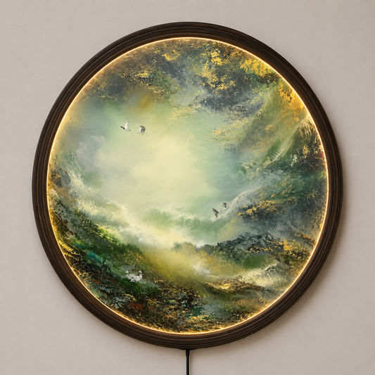 Round LED Landscape Wall Art – Japanese Nature Wall Decor with Warm Light & Wooden Frame