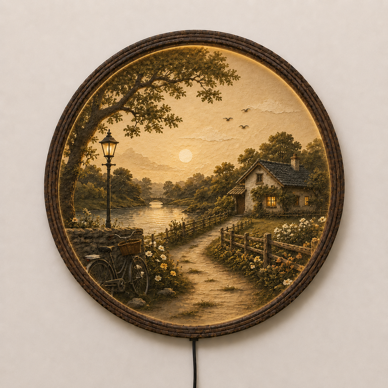 Rustic Countryside LED Round Wall Art – Vintage Cottage Landscape Lighted Wall Decor, Farmhouse Home Decor, Rustic Cabin Wall Hanging