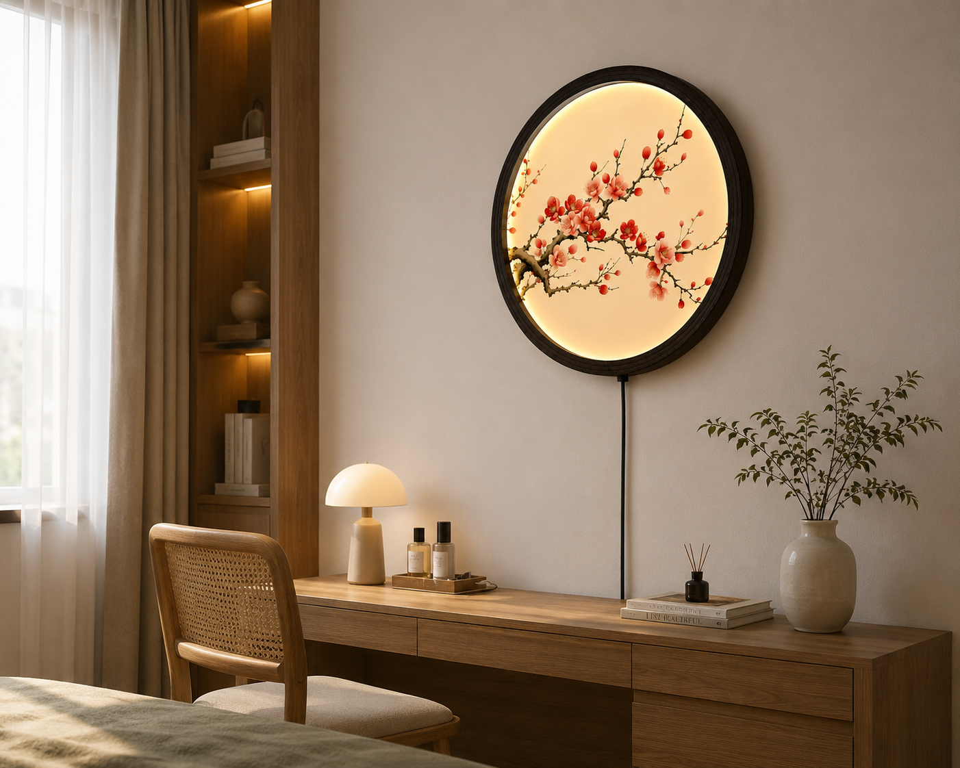 Japanese Plum Blossom LED Wall Art – Round Lighted Wall Decor with Wooden Frame