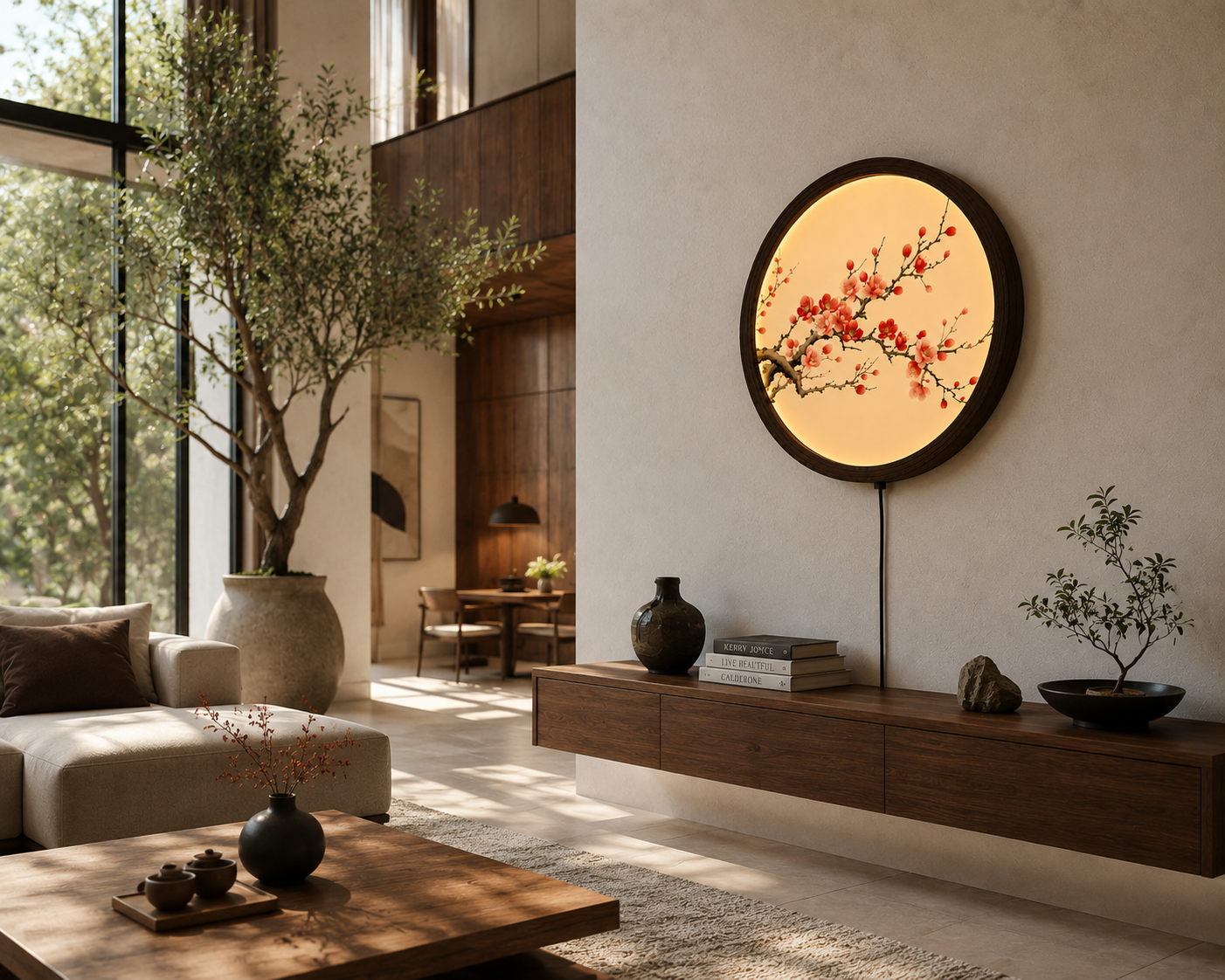 Japanese Plum Blossom LED Wall Art – Round Lighted Wall Decor with Wooden Frame