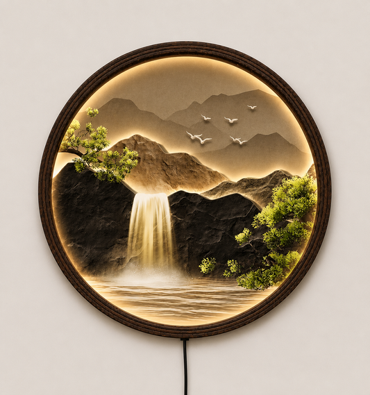 Round LED Waterfall Wall Art – Modern Mountain Landscape Decor