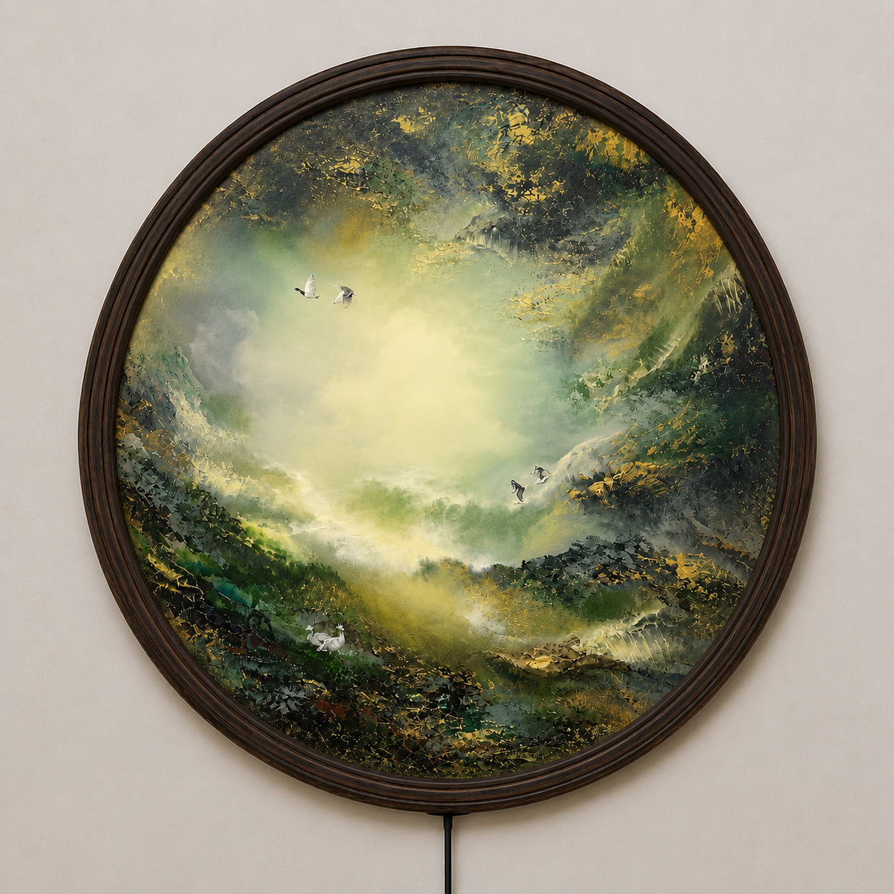 Round LED Landscape Wall Art – Japanese Nature Wall Decor with Warm Light & Wooden Frame