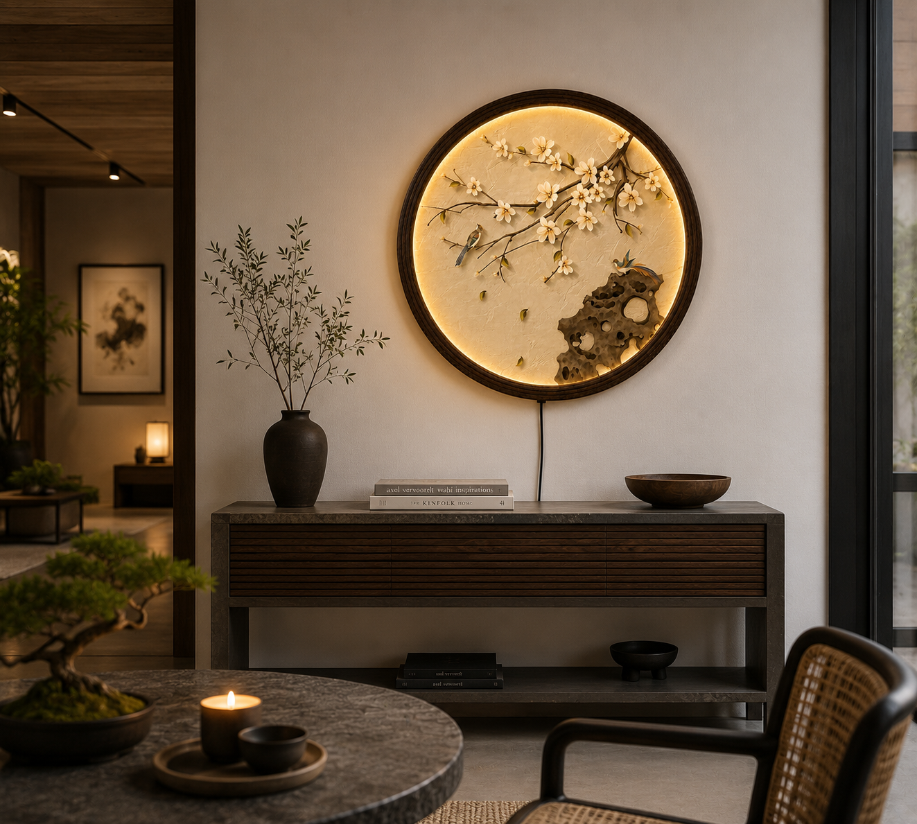 Round LED Cherry Blossom Wall Art – Modern Asian Floral Lighted Wall Decor with Birds