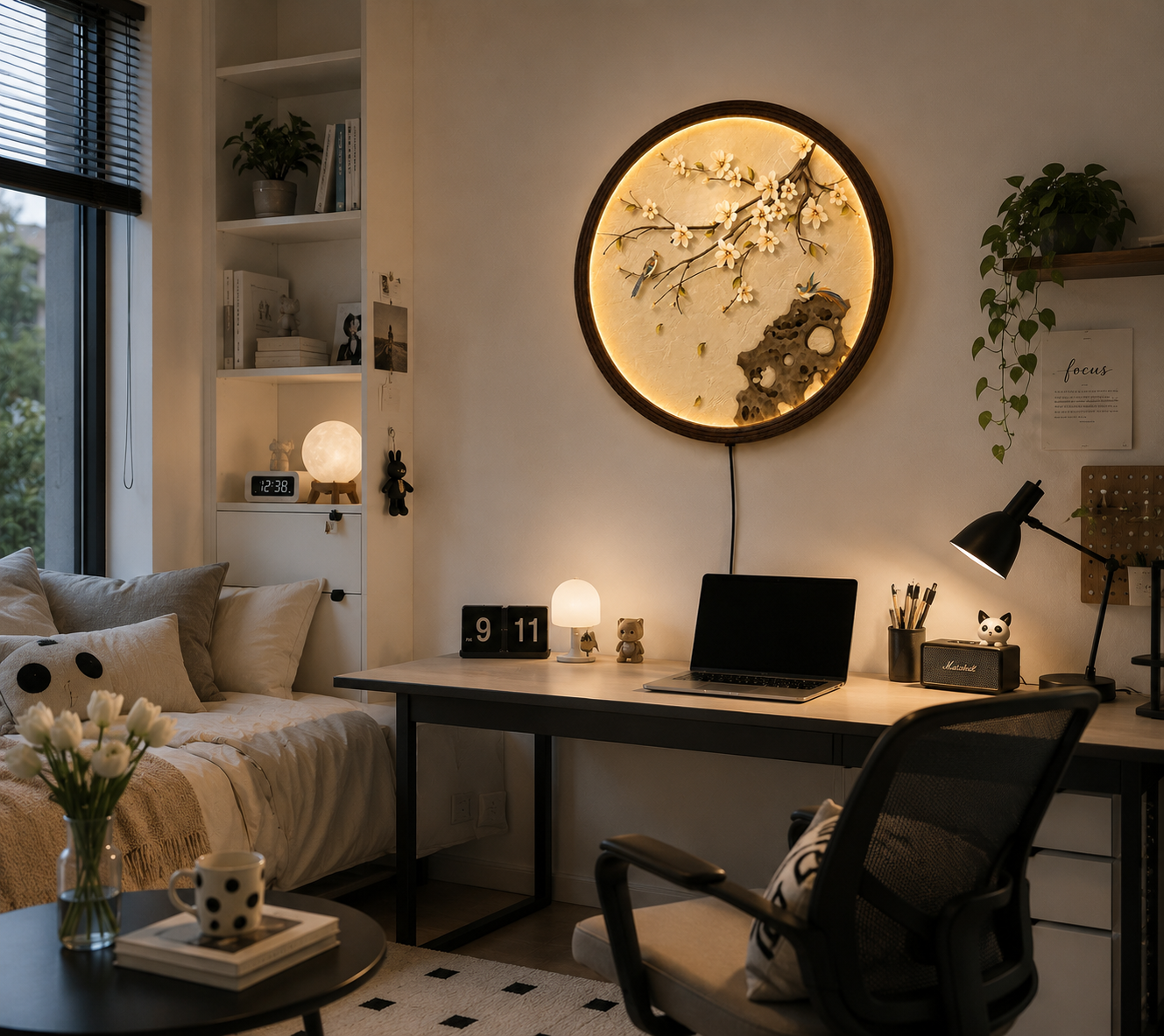 Round LED Cherry Blossom Wall Art – Modern Asian Floral Lighted Wall Decor with Birds