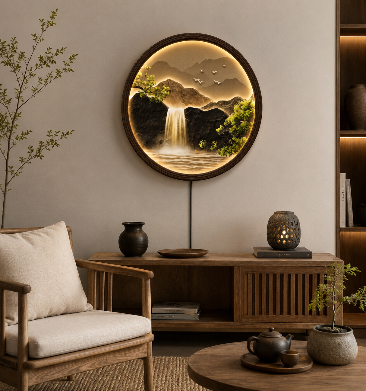 Round LED Waterfall Wall Art – Modern Mountain Landscape Decor