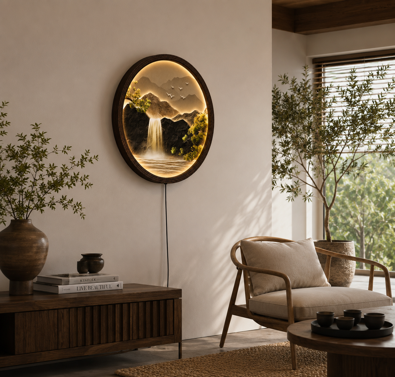 Round LED Waterfall Wall Art – Modern Mountain Landscape Decor