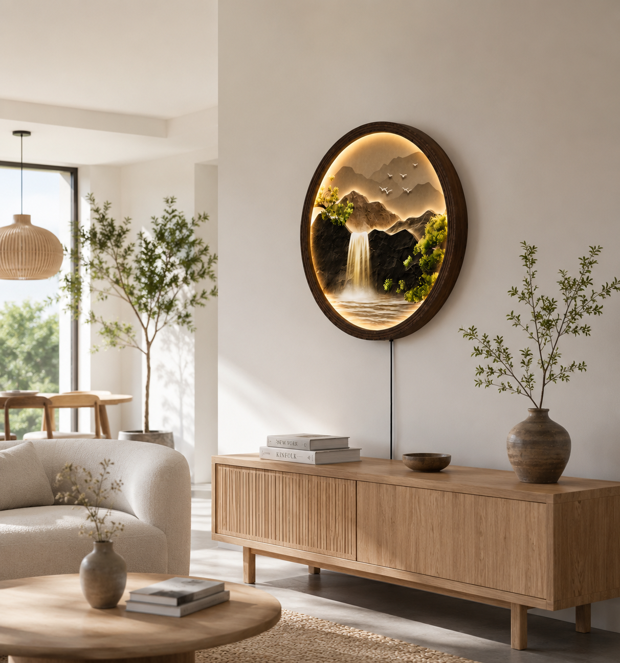 Round LED Waterfall Wall Art – Modern Mountain Landscape Decor