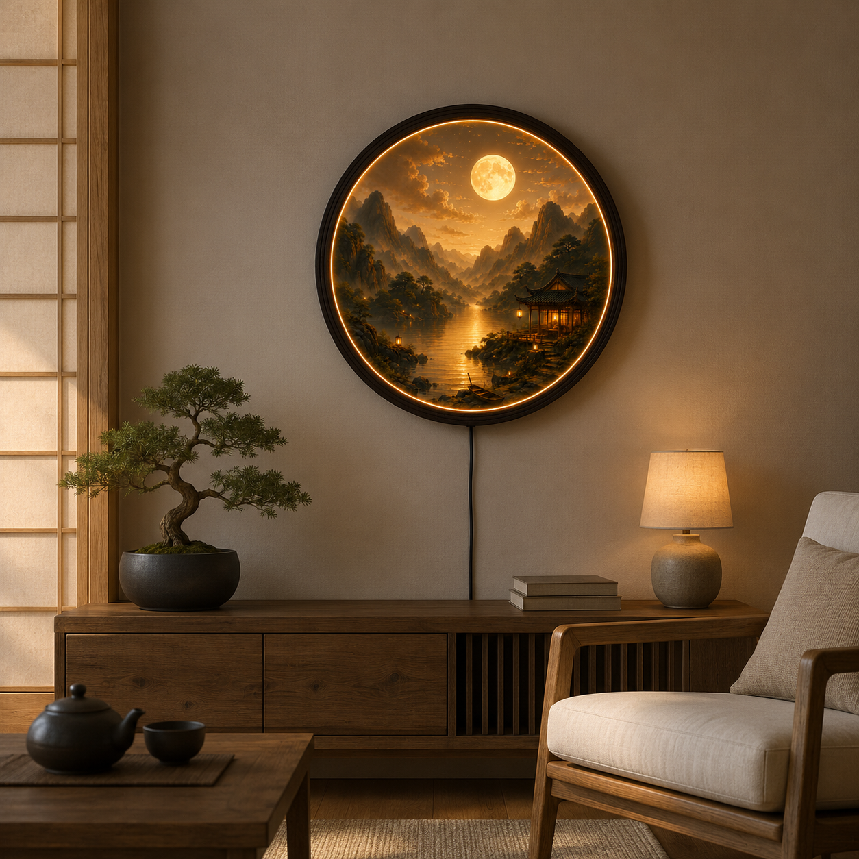 Moonlit Mountain Landscape LED Wall Art – Round Lighted Asian Zen Decor