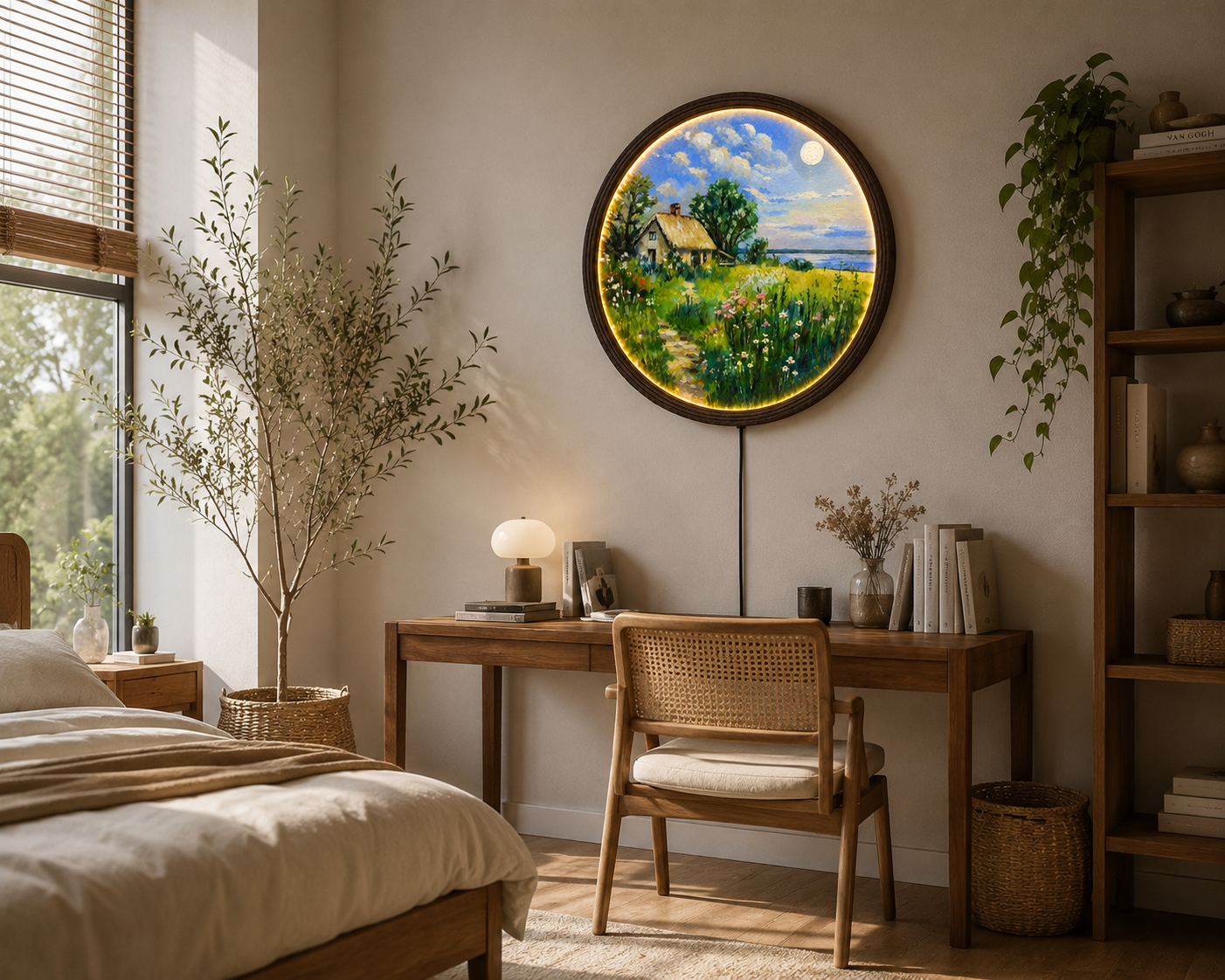 Round LED Cottage Landscape Wall Art – Rustic Nature Home Decor