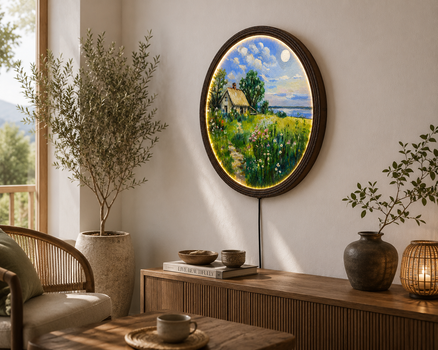 Round LED Cottage Landscape Wall Art – Rustic Nature Home Decor