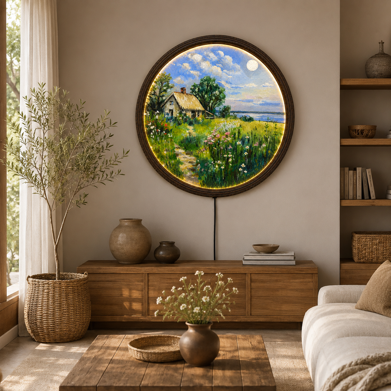 Round LED Cottage Landscape Wall Art – Rustic Nature Home Decor