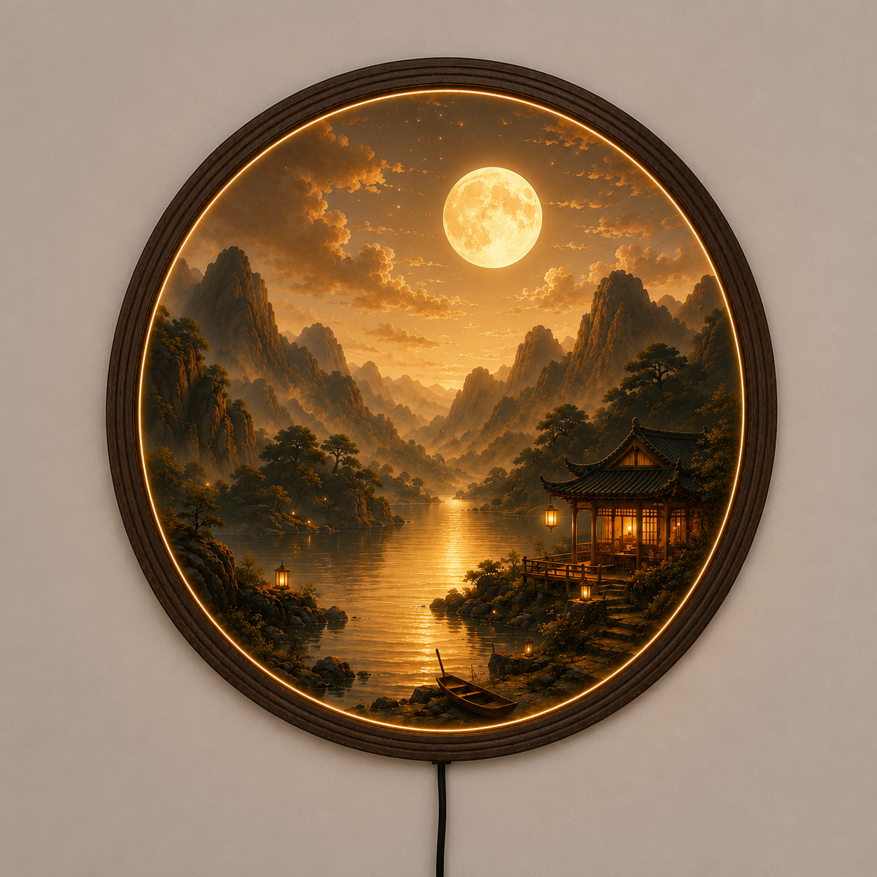 Moonlit Mountain Landscape LED Wall Art – Round Lighted Asian Zen Decor