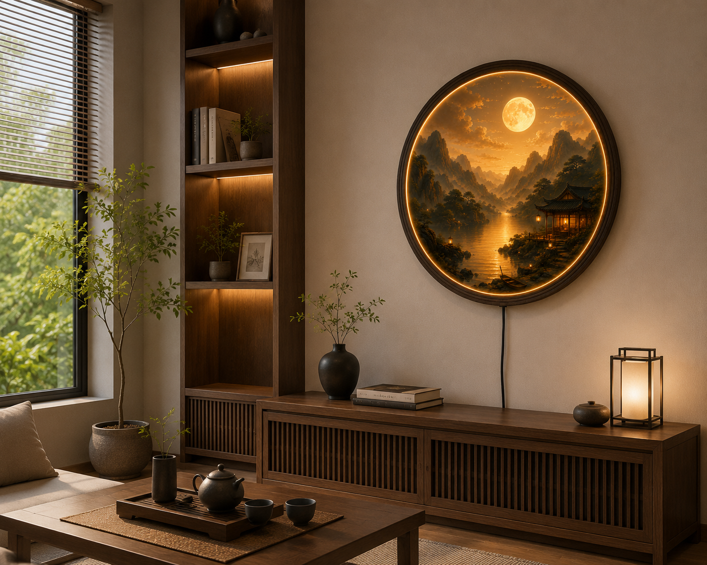 Moonlit Mountain Landscape LED Wall Art – Round Lighted Asian Zen Decor