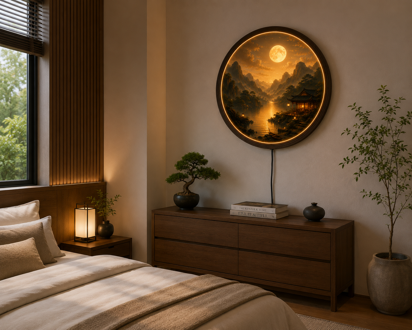 Moonlit Mountain Landscape LED Wall Art – Round Lighted Asian Zen Decor