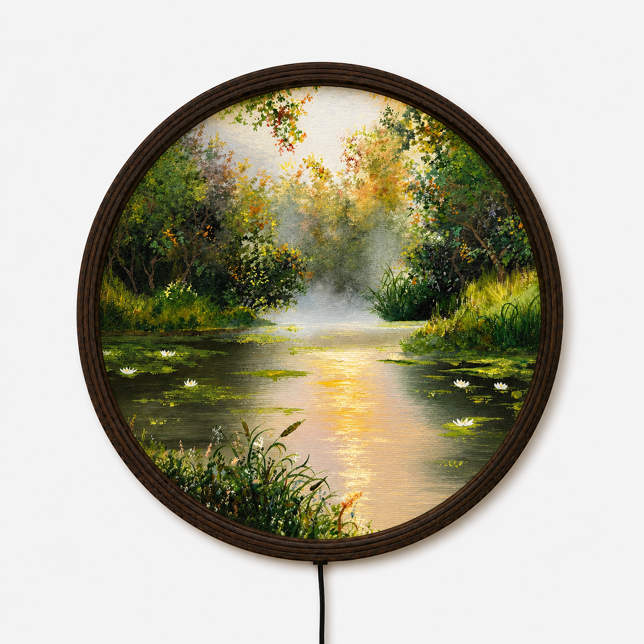 Round LED Wall Art – Serene Forest Lake Landscape | Modern Home Decor
