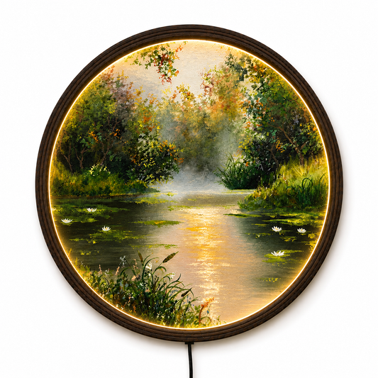 Round LED Wall Art – Serene Forest Lake Landscape | Modern Home Decor