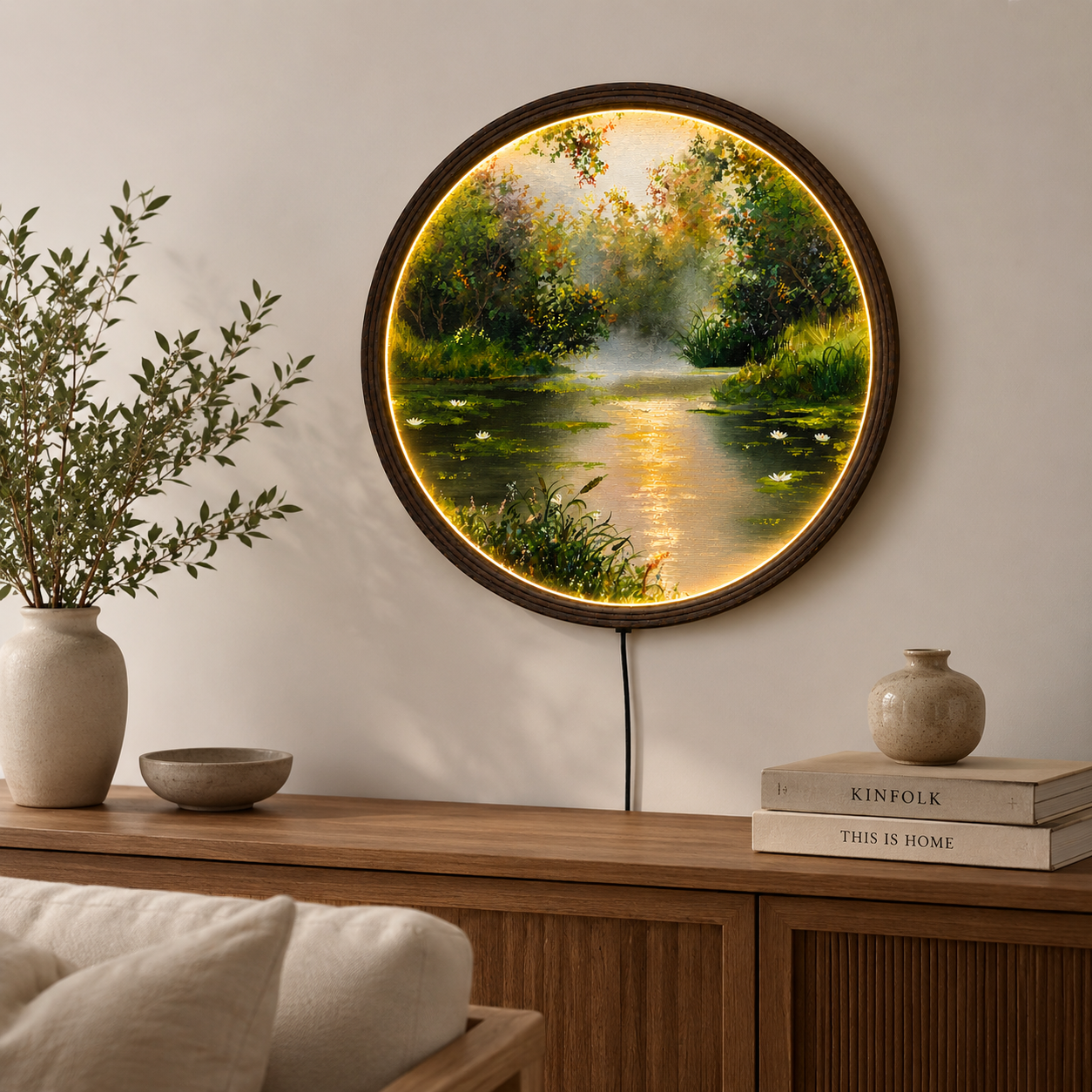 Round LED Wall Art – Serene Forest Lake Landscape | Modern Home Decor