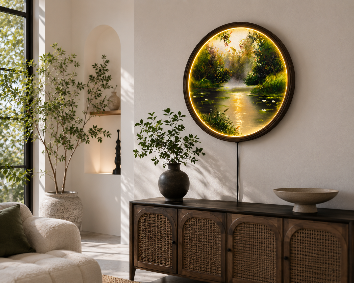 Round LED Wall Art – Serene Forest Lake Landscape | Modern Home Decor
