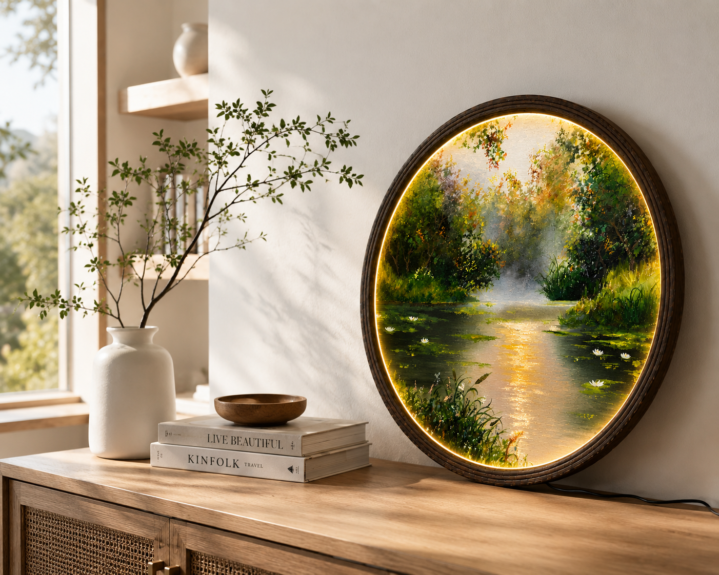 Round LED Wall Art – Serene Forest Lake Landscape | Modern Home Decor