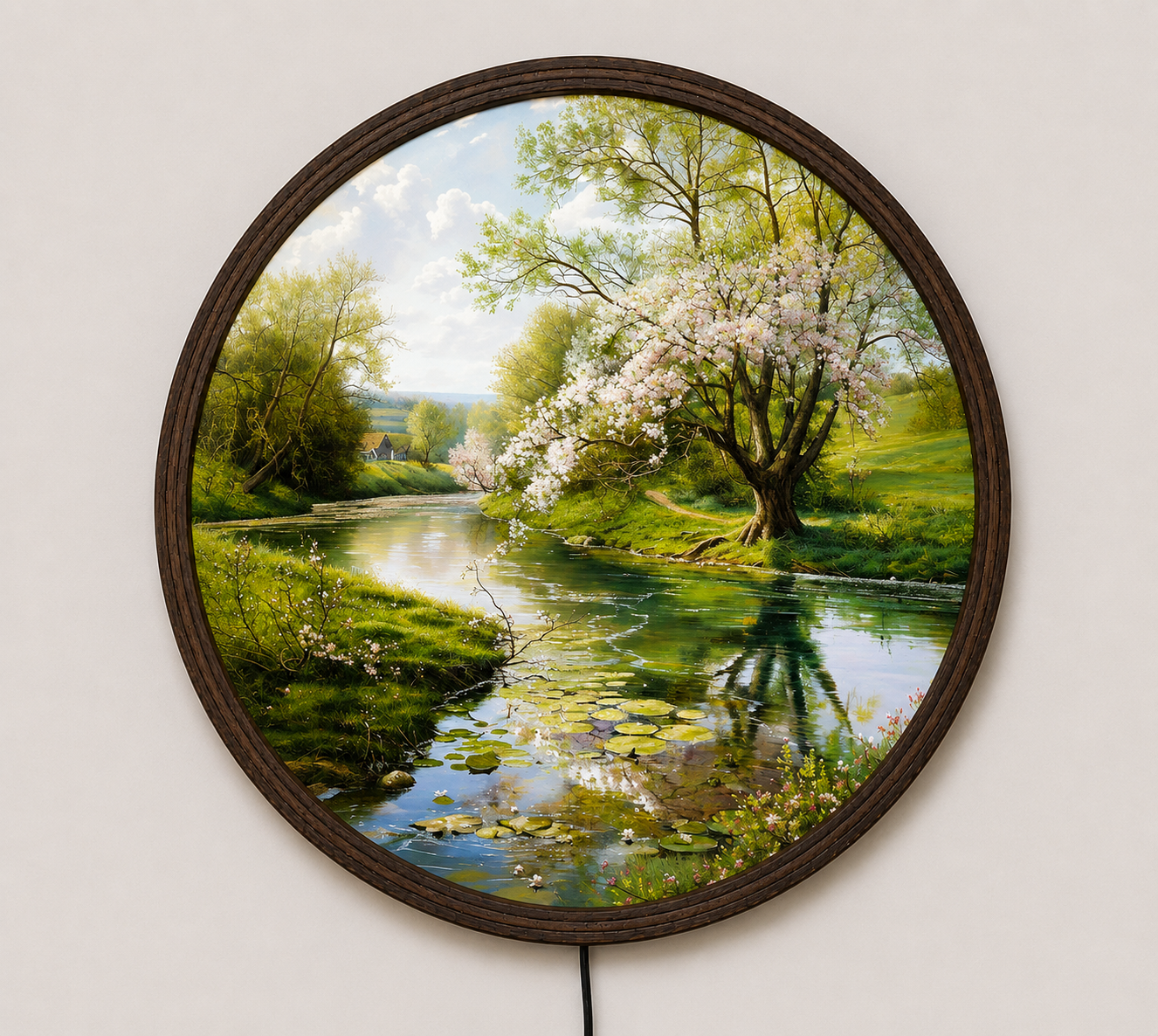 Round LED Spring Landscape Wall Art – Cherry Blossom River Lighted Wall Decor for Living Room