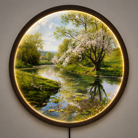 Round LED Spring Landscape Wall Art – Cherry Blossom River Lighted Wall Decor for Living Room