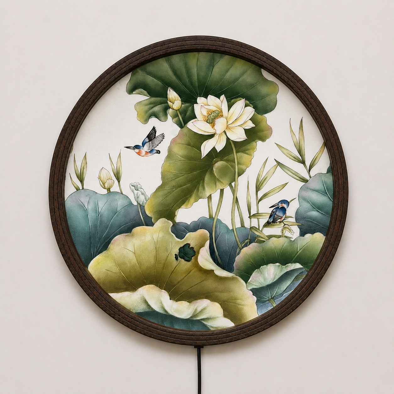 Elegant White Lotus & Kingfisher LED Round Wall Art – Modern Asian Botanical Lighted Wall Decor, Illuminated Wooden Frame Home Decor