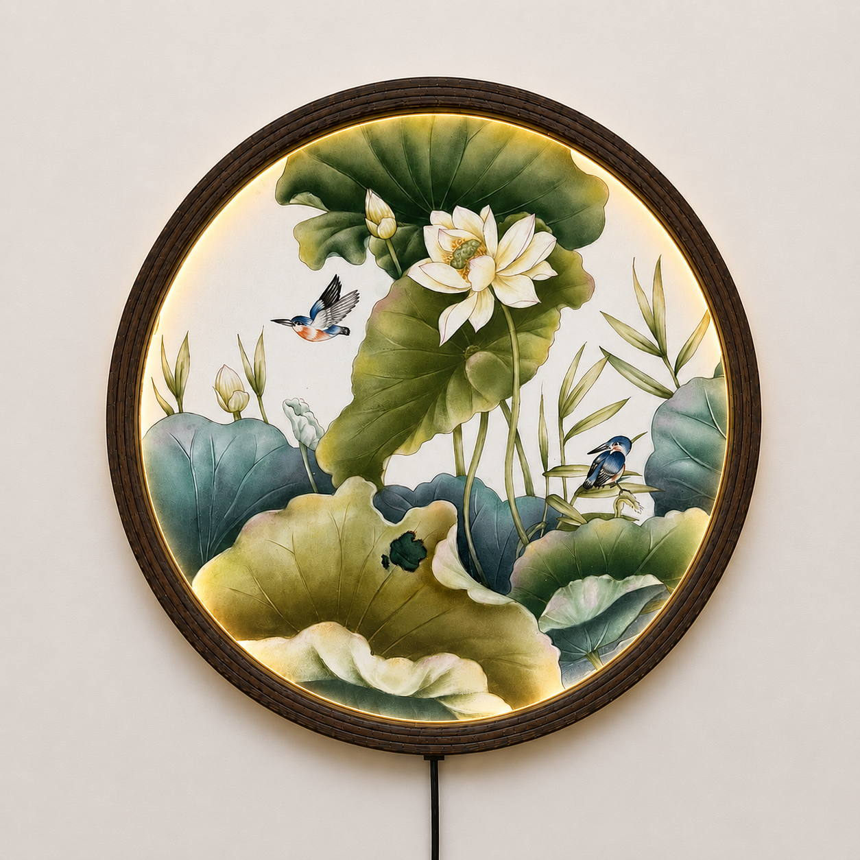 Elegant White Lotus & Kingfisher LED Round Wall Art – Modern Asian Botanical Lighted Wall Decor, Illuminated Wooden Frame Home Decor