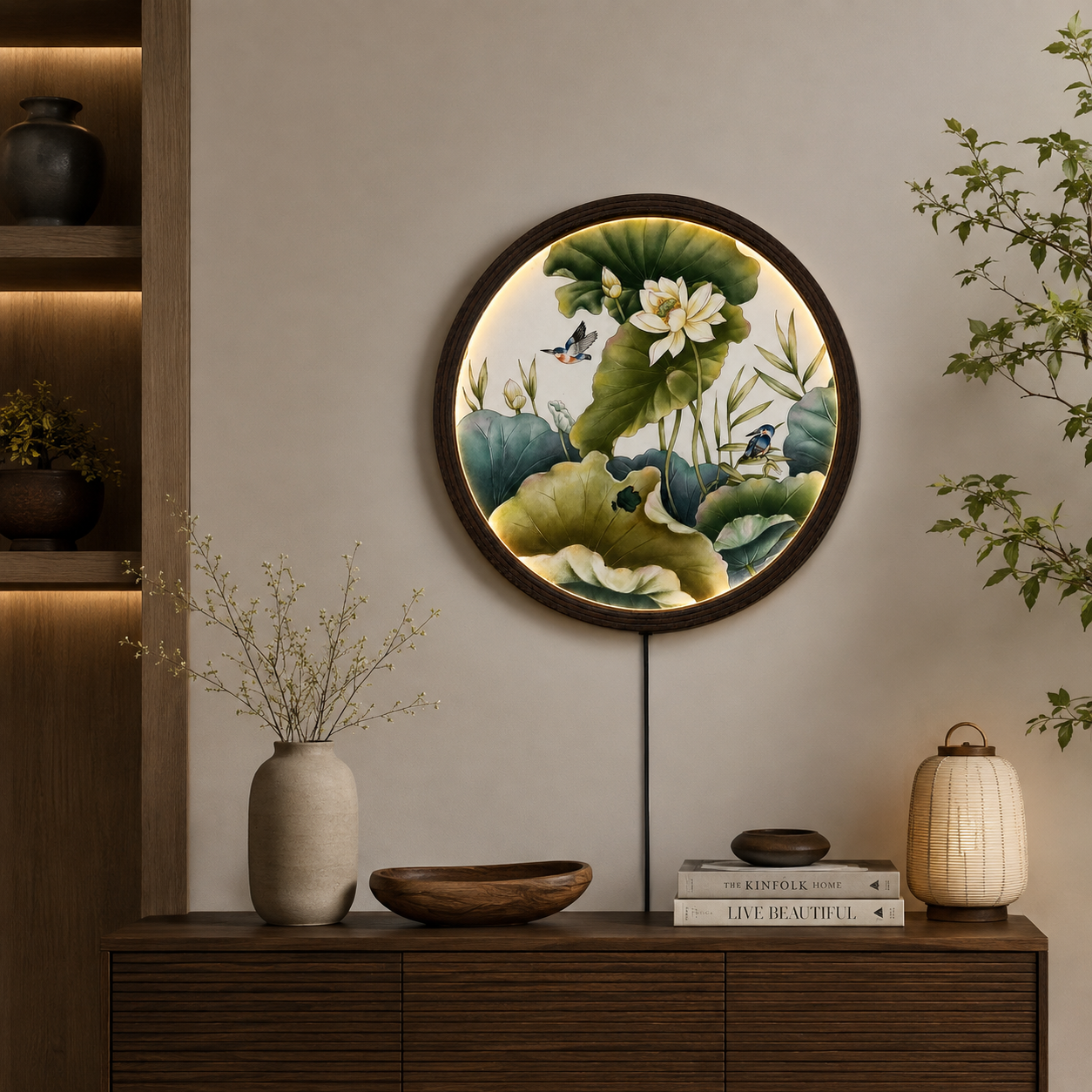 Elegant White Lotus & Kingfisher LED Round Wall Art – Modern Asian Botanical Lighted Wall Decor, Illuminated Wooden Frame Home Decor