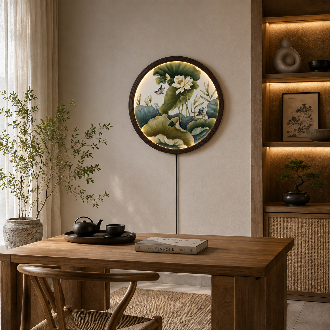 Elegant White Lotus & Kingfisher LED Round Wall Art – Modern Asian Botanical Lighted Wall Decor, Illuminated Wooden Frame Home Decor