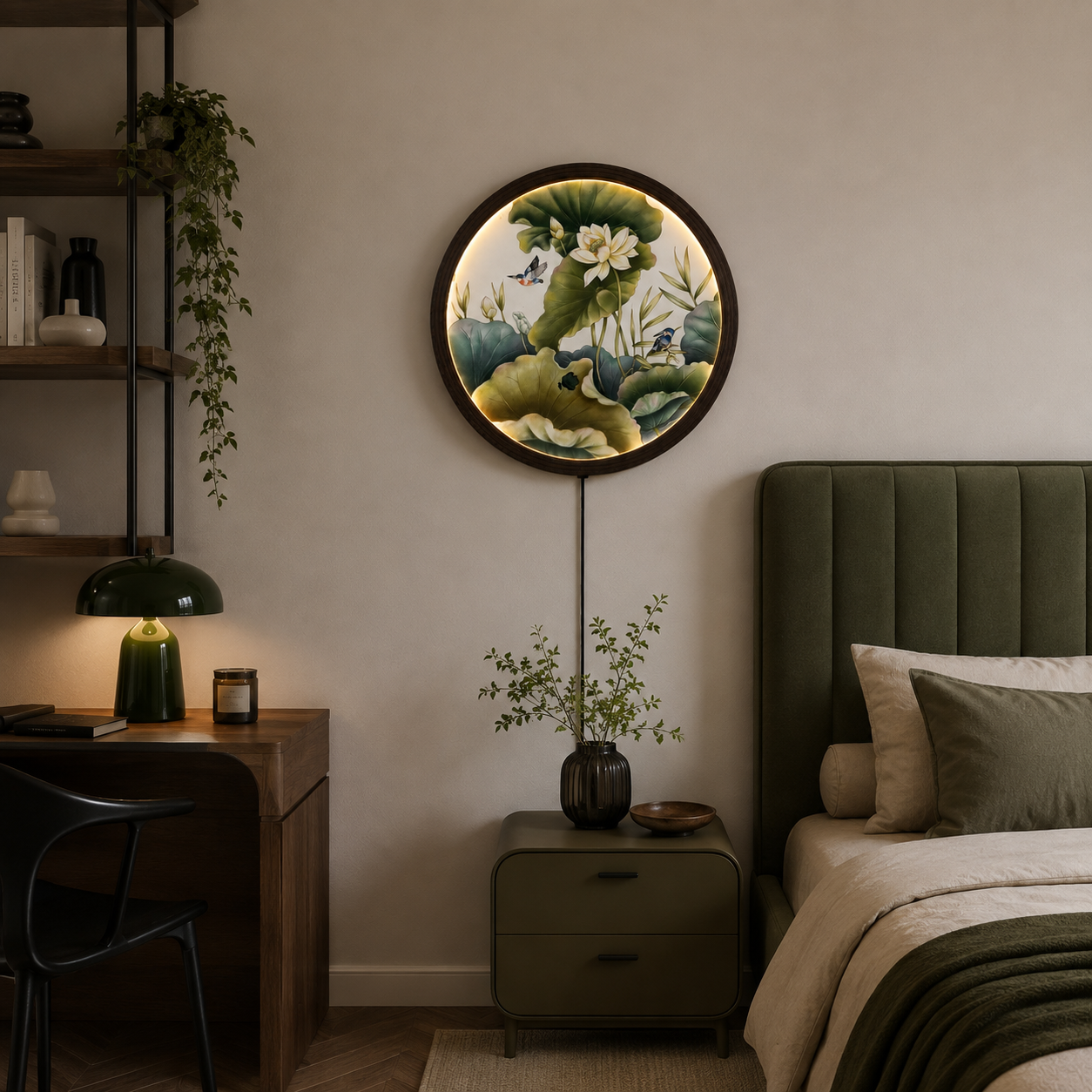 Elegant White Lotus & Kingfisher LED Round Wall Art – Modern Asian Botanical Lighted Wall Decor, Illuminated Wooden Frame Home Decor
