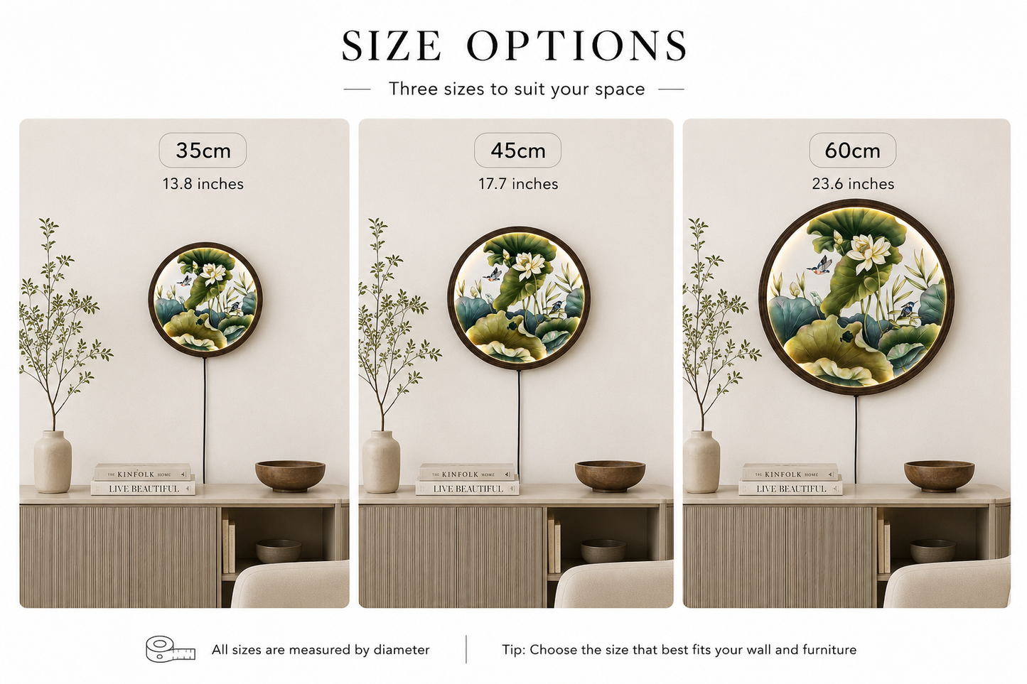 Elegant White Lotus & Kingfisher LED Round Wall Art – Modern Asian Botanical Lighted Wall Decor, Illuminated Wooden Frame Home Decor