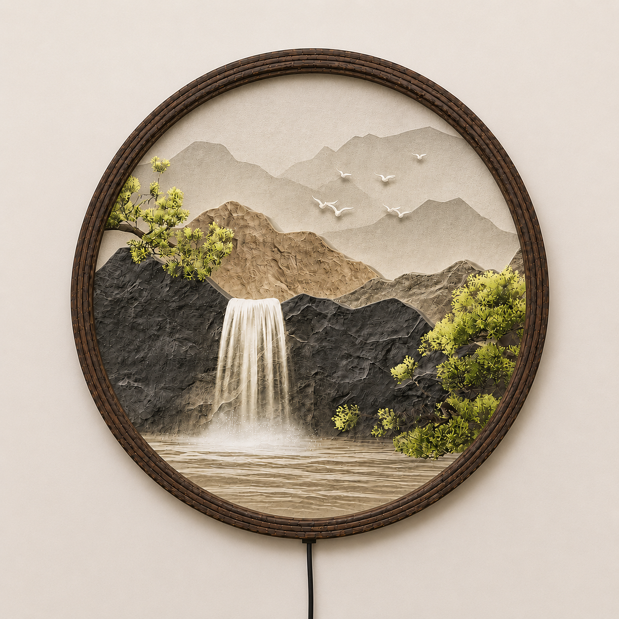 Round LED Waterfall Wall Art – Modern Mountain Landscape Decor