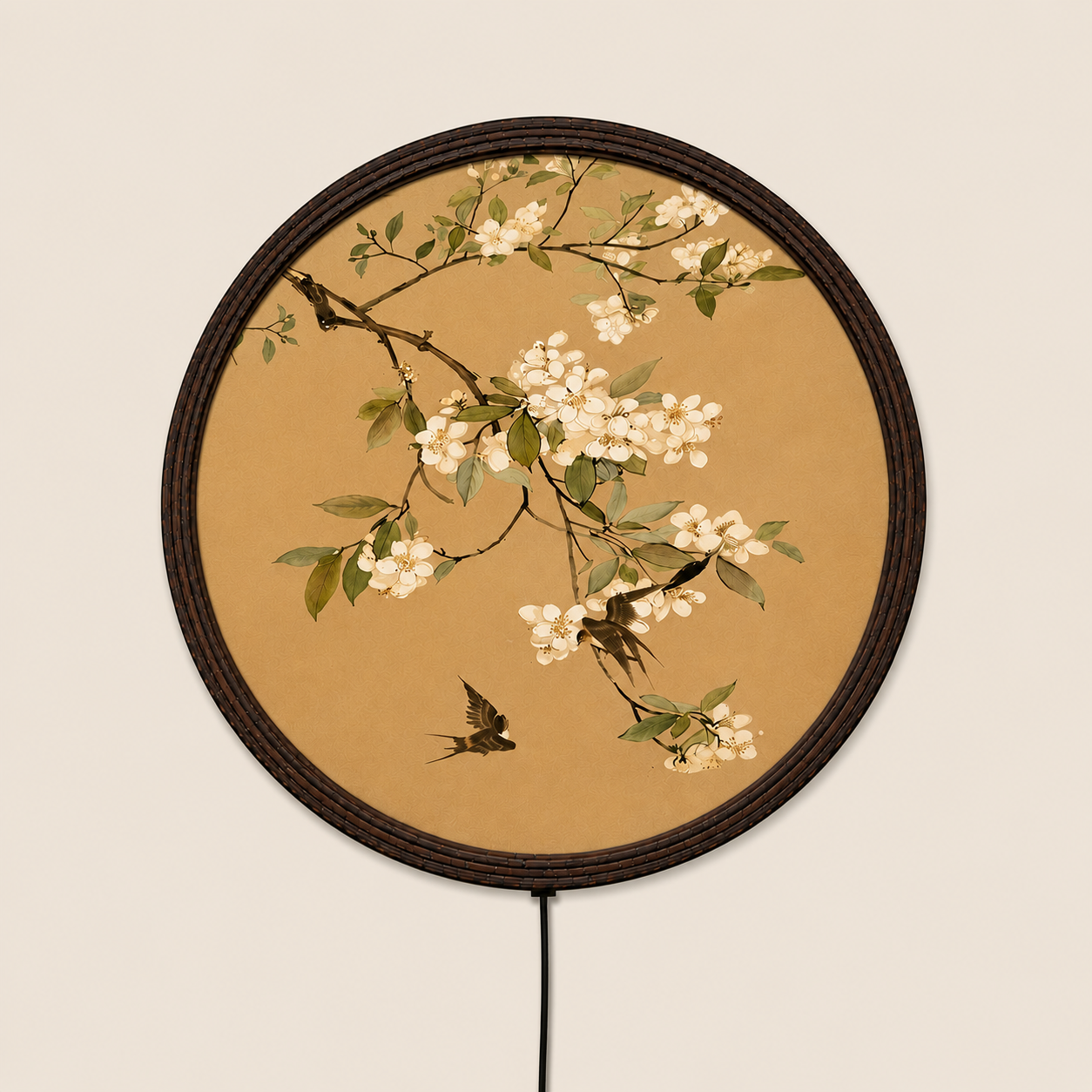 Japanese Cherry Blossom LED Wall Art – Round Lighted Wall Decor for Living Room