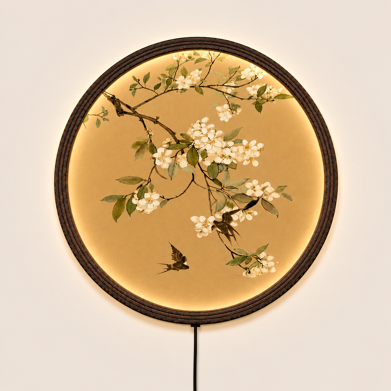 Japanese Cherry Blossom LED Wall Art – Round Lighted Wall Decor for Living Room