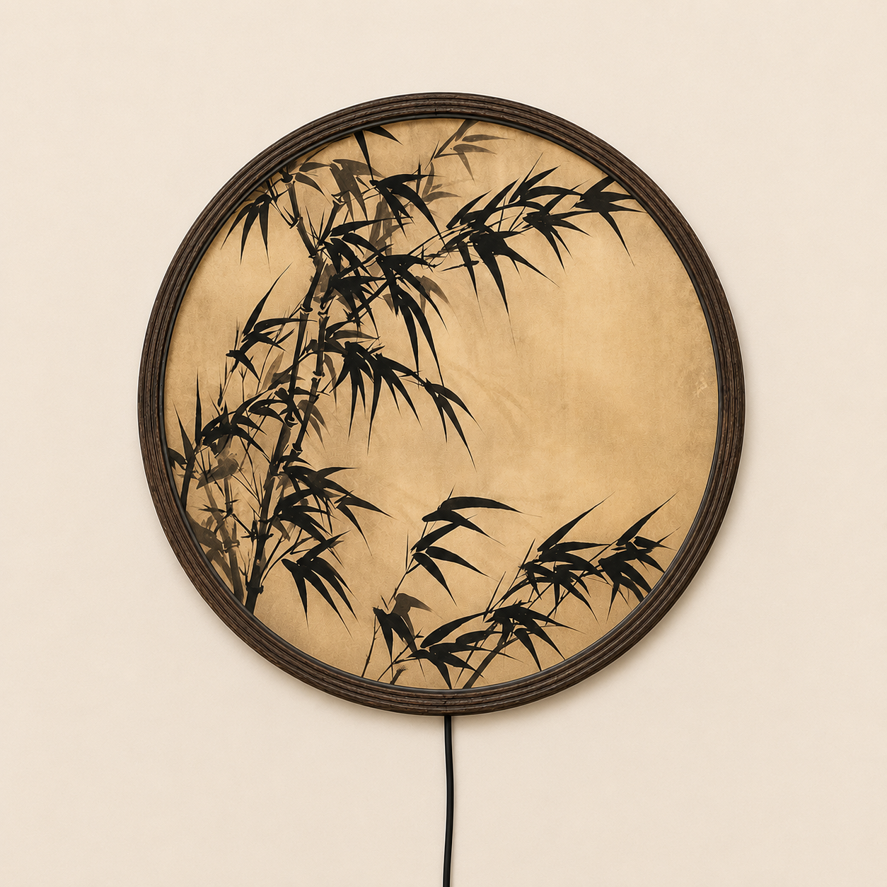 Round Bamboo LED Wall Art – Japanese Zen Illuminated Wall Decor with Warm Light, Modern Asian Home Decor