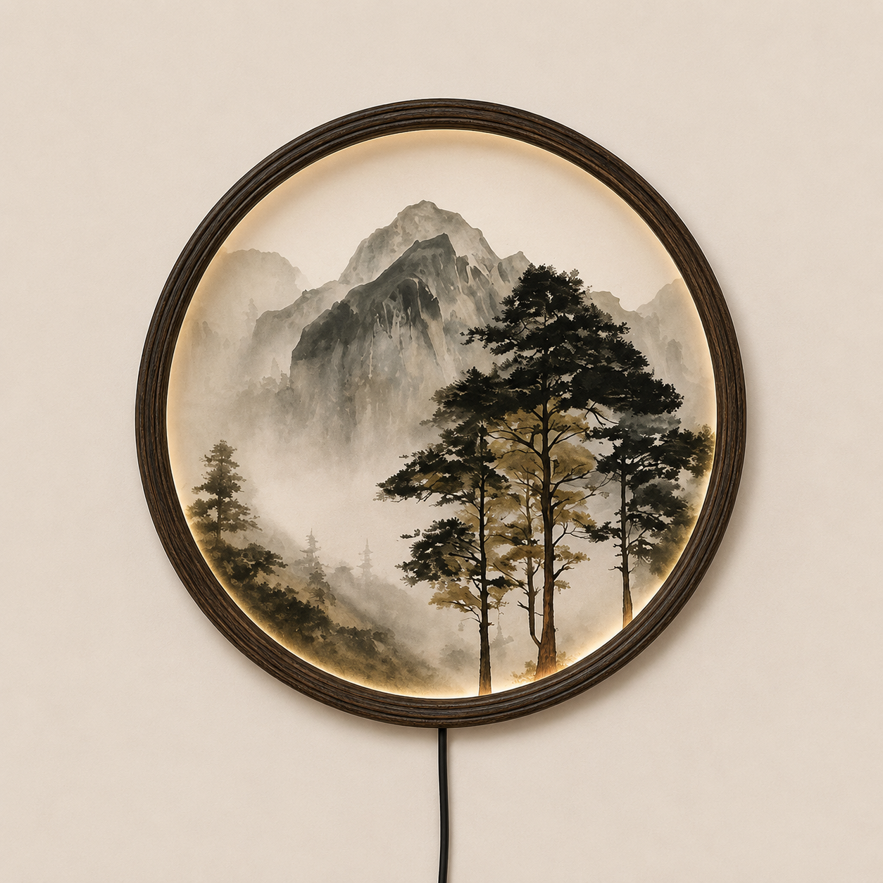 LED Mountain Wall Art – Round Wooden Frame, Japanese Landscape Home Decor