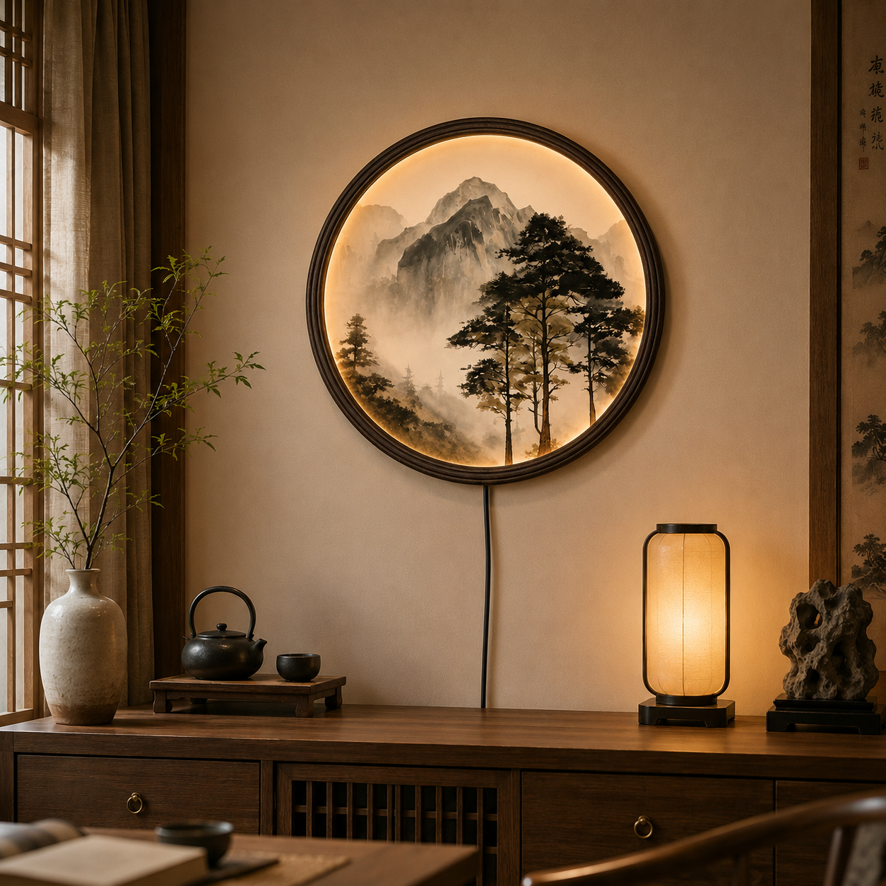 LED Mountain Wall Art – Round Wooden Frame, Japanese Landscape Home Decor