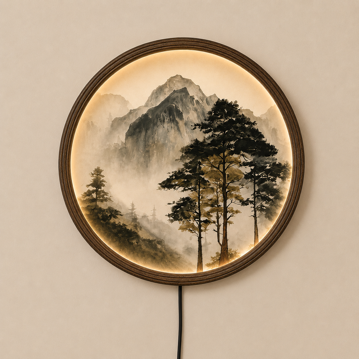 LED Mountain Wall Art – Round Wooden Frame, Japanese Landscape Home Decor