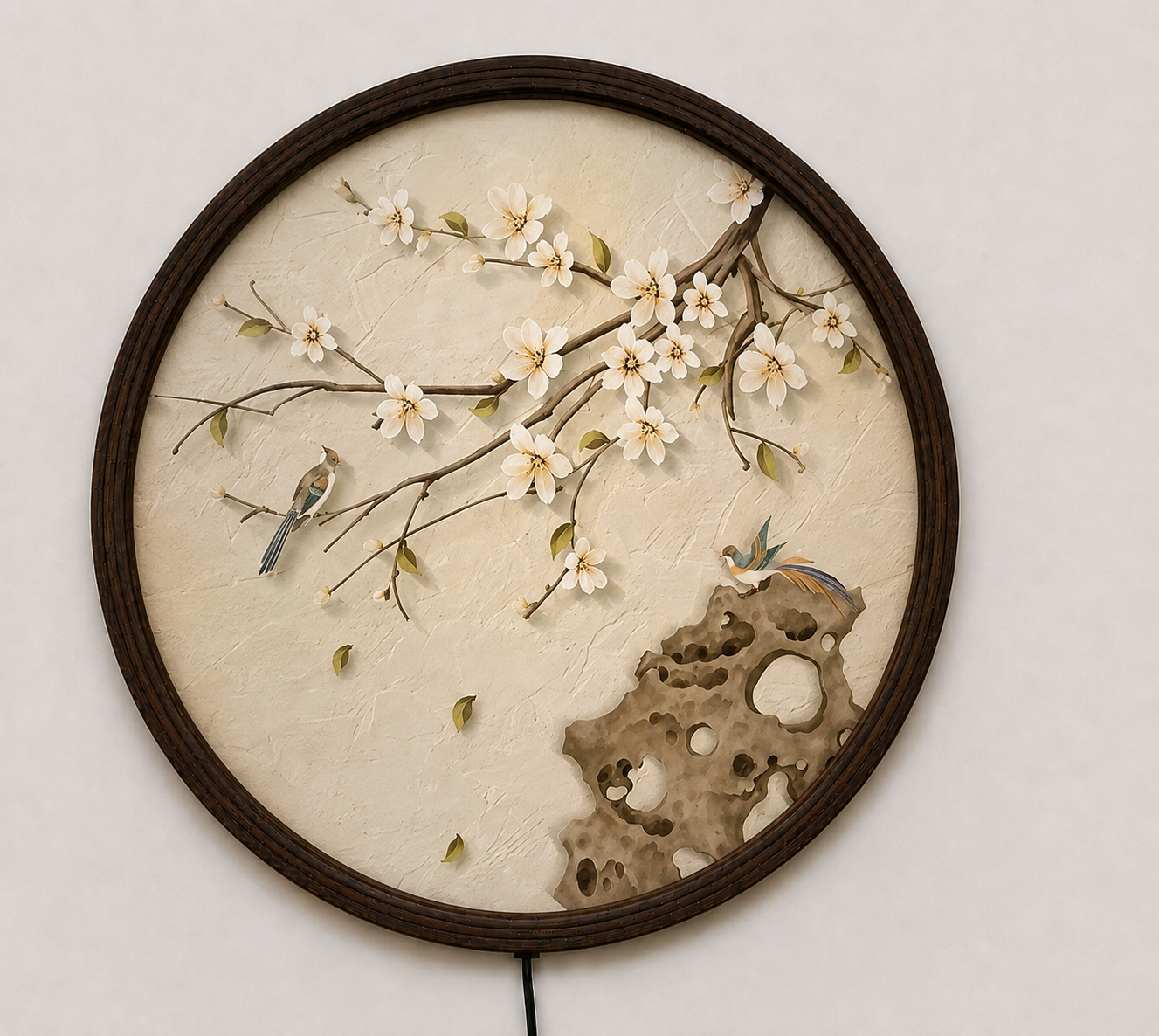 Round LED Cherry Blossom Wall Art – Modern Asian Floral Lighted Wall Decor with Birds