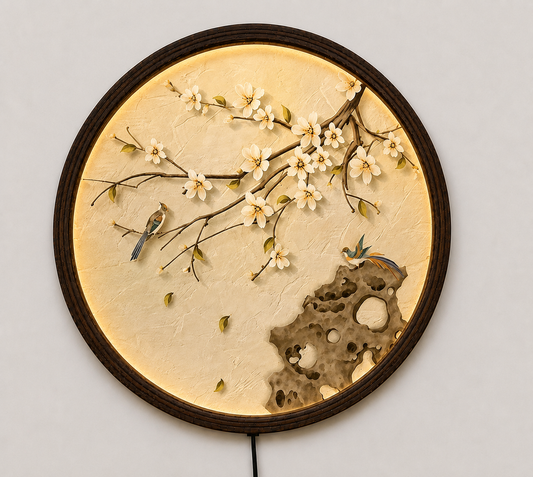 Round LED Cherry Blossom Wall Art – Modern Asian Floral Lighted Wall Decor with Birds