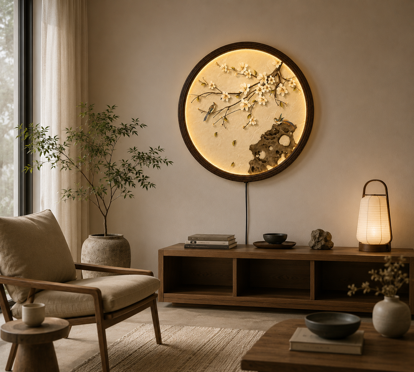 Round LED Cherry Blossom Wall Art – Modern Asian Floral Lighted Wall Decor with Birds