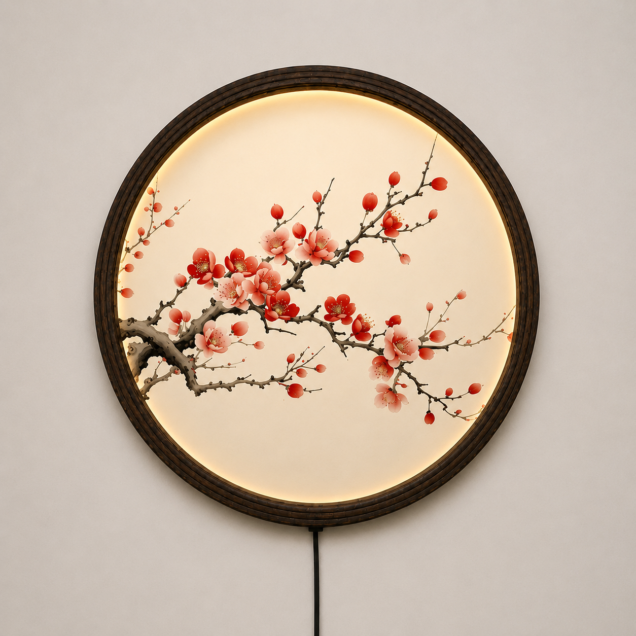 Japanese Plum Blossom LED Wall Art – Round Lighted Wall Decor with Wooden Frame