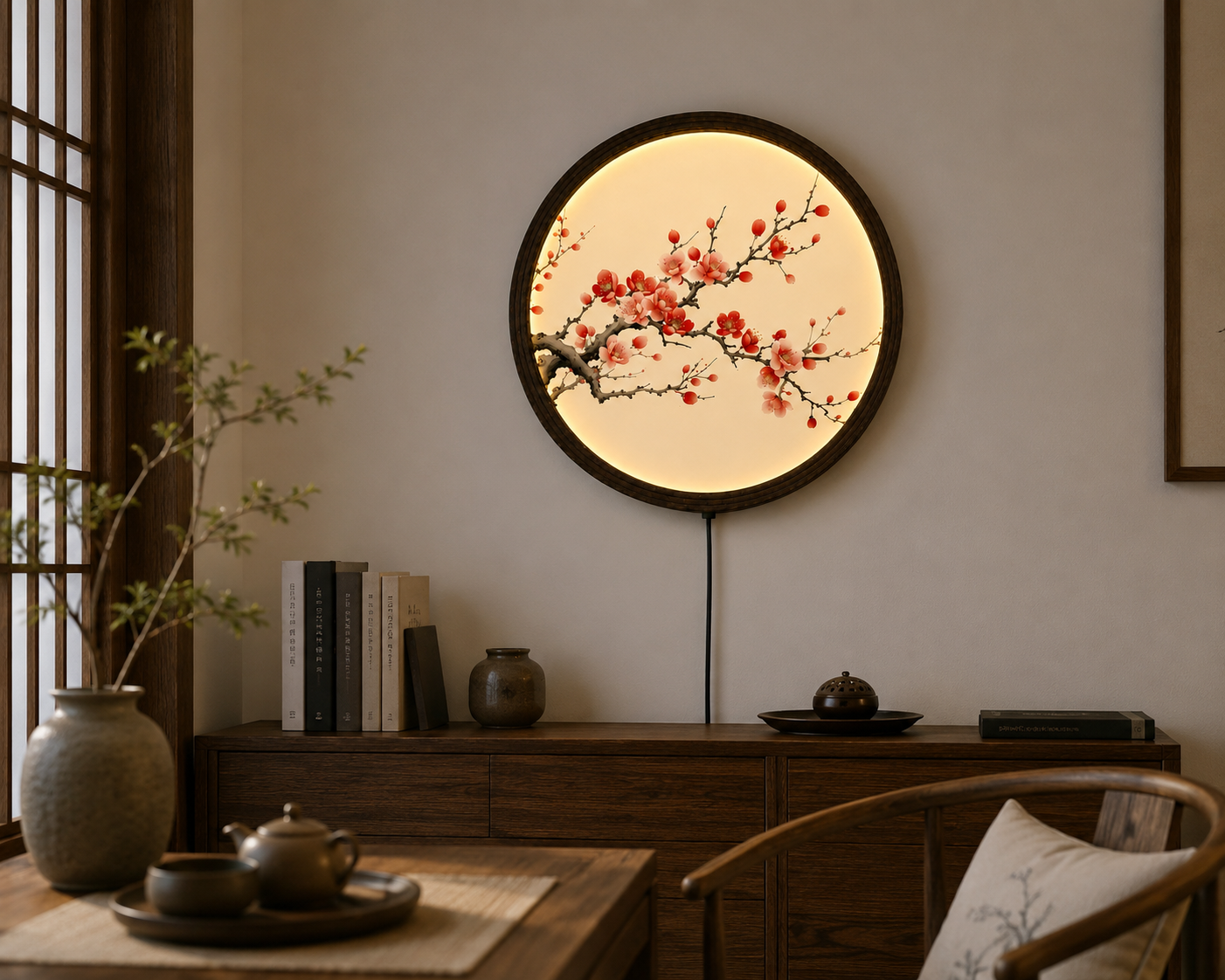 Japanese Plum Blossom LED Wall Art – Round Lighted Wall Decor with Wooden Frame