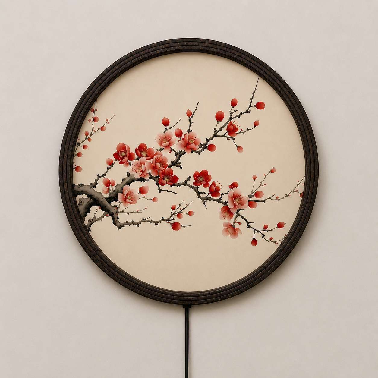 Japanese Plum Blossom LED Wall Art – Round Lighted Wall Decor with Wooden Frame