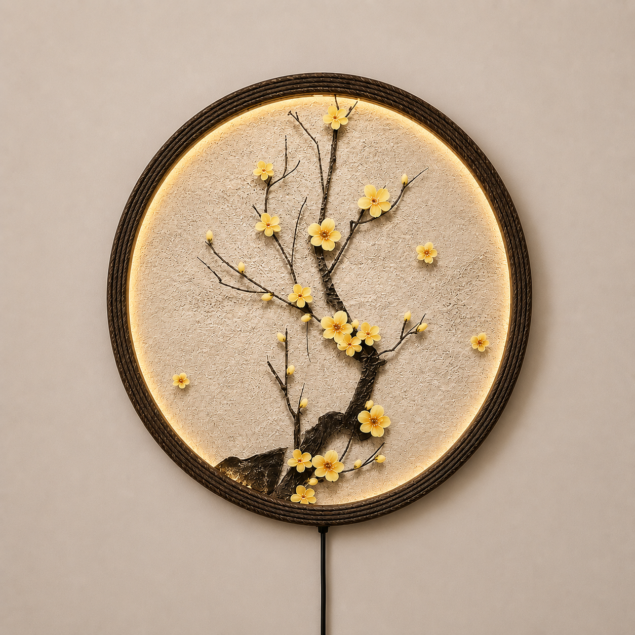 Japanese Plum Blossom LED Wall Art – Round Illuminated Floral Wall Decor – Modern Zen Home Decor – Lighted Circle Wall Hanging